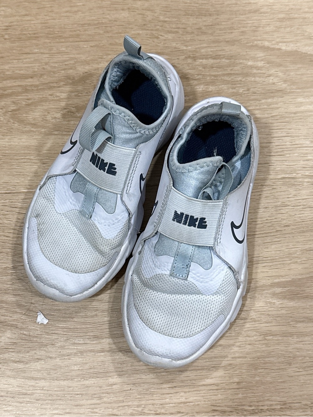 Nike Kids White and Light Gray Slip-On Sneakers with Hook Stripy